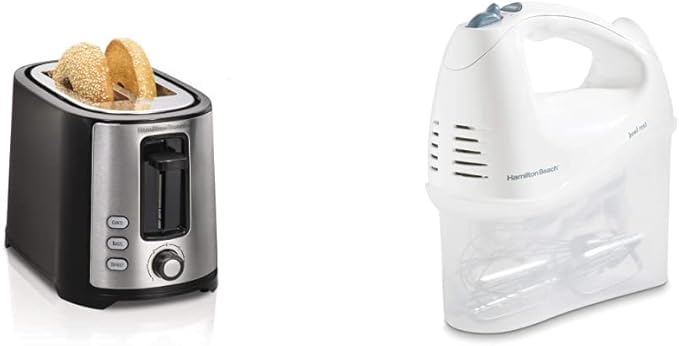 Hamilton Beach 2 Slice Extra Wide Slot Toaster with Bagel & Defrost Settings, Shade Selector (22633) and Hamilton Beach 6-Speed Electric Hand Mixer with Whisk, Traditional Beaters (White)
