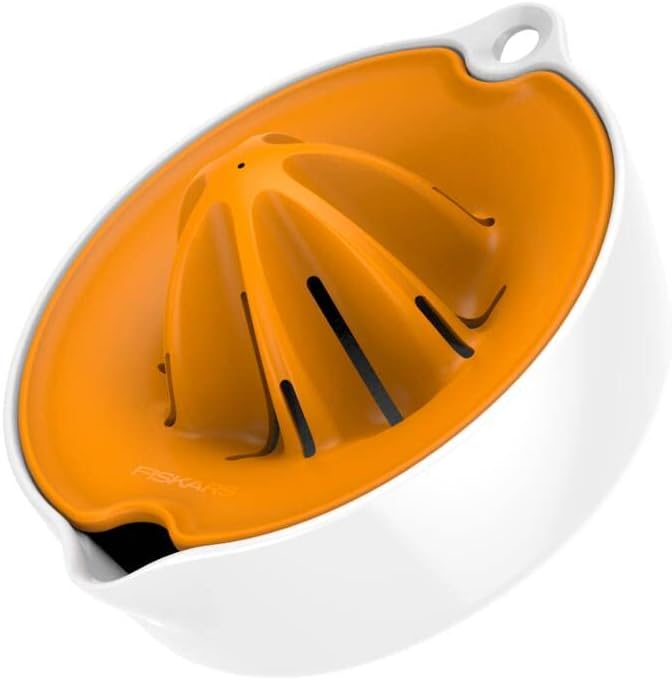 Fiskars Fruit Juicer, With Container, Diameter: 11.9 cm, Synthetic Material, Functional Form, White/Orange, 1016125