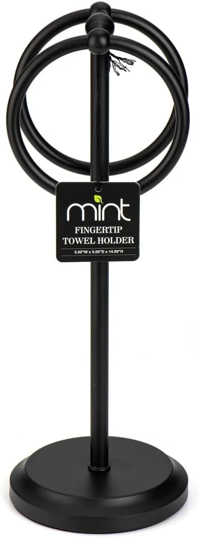 J&V TEXTILES Steel Towel Rack Holder Stand with 2 Hanging Rings for Bathroom Vanity Countertops - Space Saving Hand Towel Holder (Matte Black)