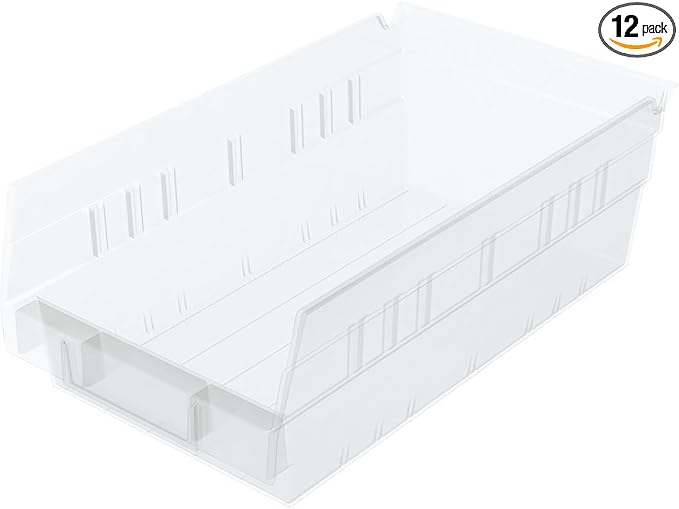Akro-Mils 30130 Plastic Shelf Bins, Heavy Duty Storage Bins for Garage, Closet, and Drawer Organization, 12" x 6-1/2" x 4", Clear, 12-Pack