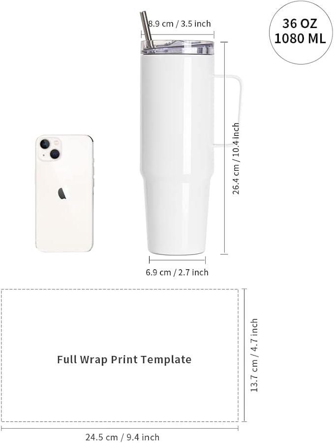PYD Life 4 Pack Sublimation Tumblers with Handle Blanks 36 OZ White Coffee Mugs Insulated Reusable Travel Cups with Leakproof Lid and Stainless Straw for Tumbler Heat Press