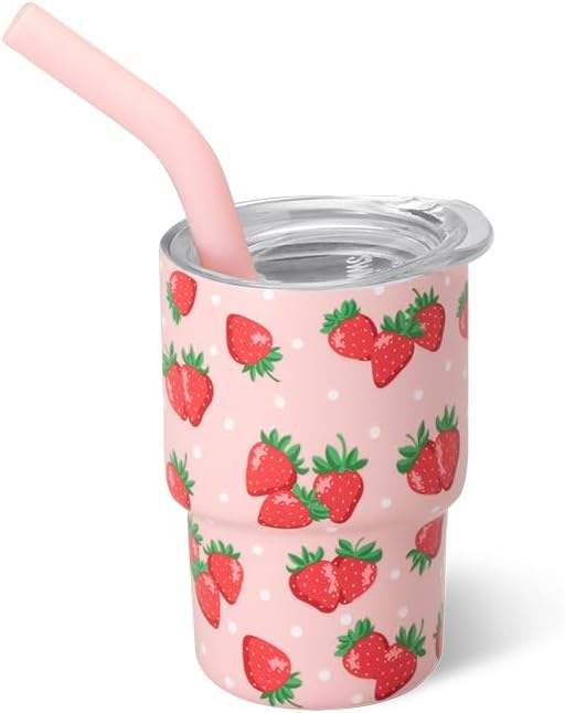 Swig Life Swig Shots Insulated Tumbler 2oz, Stainless Steel Mini Tumbler with Lid and Silicone Straw, Double Wall & Vacuum Sealed, Mini Tumblers for Shots (Strawberry Shortcake)