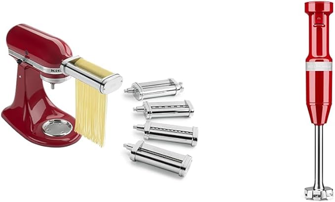 KitchenAid KSMPDX Pasta Deluxe Set Stand Mixer Attachment, 5 Piece, Stainless Steel & Variable Speed Corded Hand Blender KHBV53, Empire Red