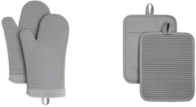 KitchenAid Ribbed Soft Silicone Oven Mitt Set, 7"x13", Grey 2 Count & Ribbed Soft Silicone Water Resistant Pot Holder Set, Grey, 2 Piece Set