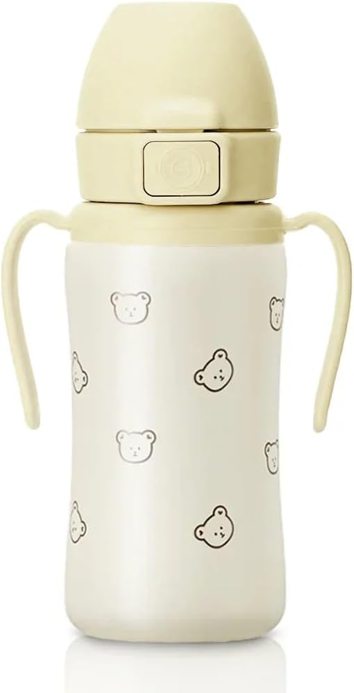 GROSMIMI Insulated 316 Stainless Steel Spill Proof Straw Cup, Water bottle with Flip Top for Toddlers, BPA Free (bear, 10oz)