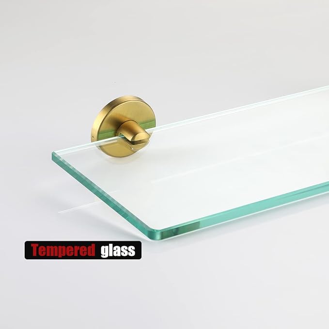 JQK Bathroom Glass Shelf Gold, Tempered Glass Shower Storage 30 by 5 inches, 304 Stainless Steel Brushed Gold Wall Mount, TGS101L30-BG