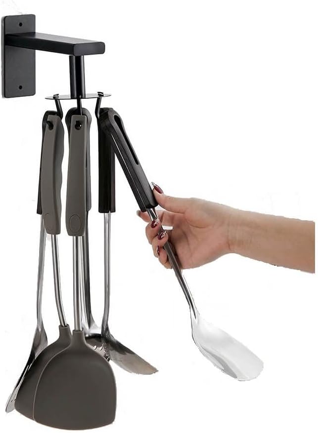 Kitchen Cooking Tool Utensil Holder - iNenya Kitchen Spatula Holder Spoon Organizer Hanging for Wall , Black Rotating Utensil Rack With 6 Hooks for Hanging Spoons,Pot Pan (Black-1)