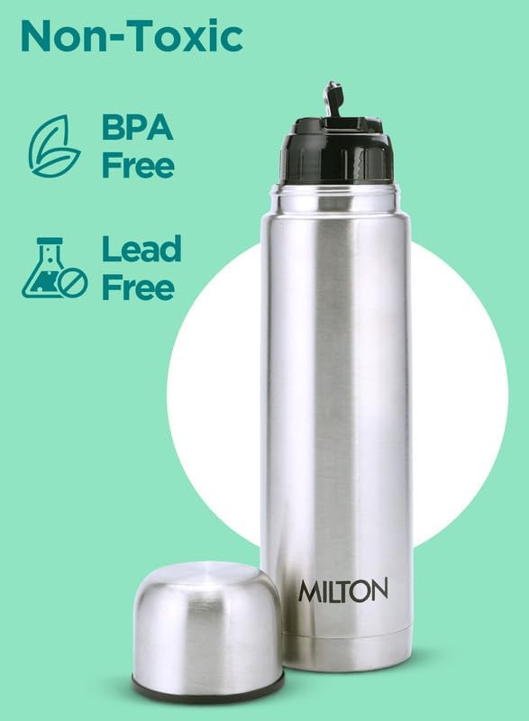 Milton Thermosteel Flip Lid Flask 350, Double Walled Vacuum Insulated Thermos 350 ml | 12 oz | 24 Hours Hot and Cold Water Bottle with Cover, 18/8 Stainless Steel, BPA Free, Leak-Proof | Silver