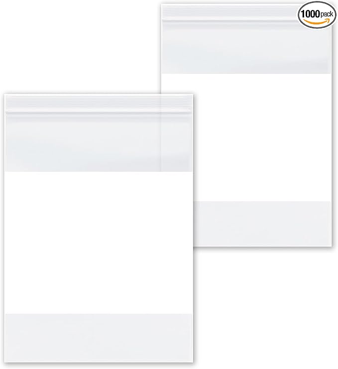 PSBM 1000 Count 4 Mil 9 Inch x 12 Inch, White Block Reclosable Poly Bags, With Write-On Block, Clear Zip Plastic Bag, Lock Seal Zipper For Packing, Storing, Organizing & Shipping Products