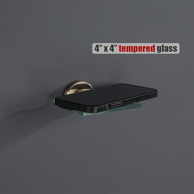 JQK Small Floating Glass Shelves Champagne Bronze, 4 Inch Display Ledges for Wall, Mini Decor, Living Room Bedroom Bathroom, Tempered Glass Shower Storage, 2 Pack, TGS101L4-CB-P2