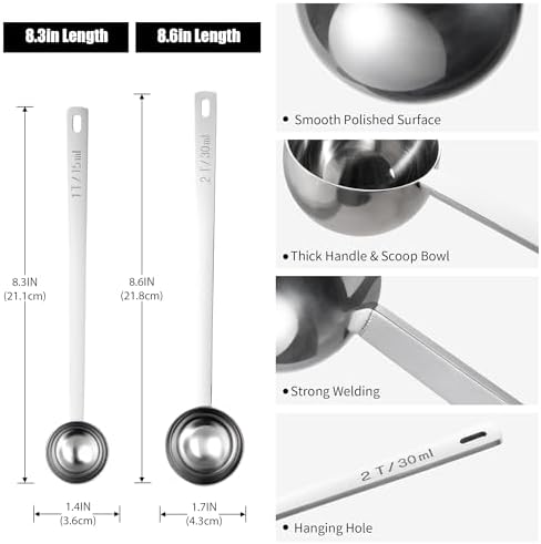 Doosu 18/8 Stainless Steel Food-Grade Measuring Coffee Scoop with 6.9in Long Handle (1 & 2 Tbsp) and 600°F Heat Resistant Silicone Jar Scraper Spatula (Aqua Sky)