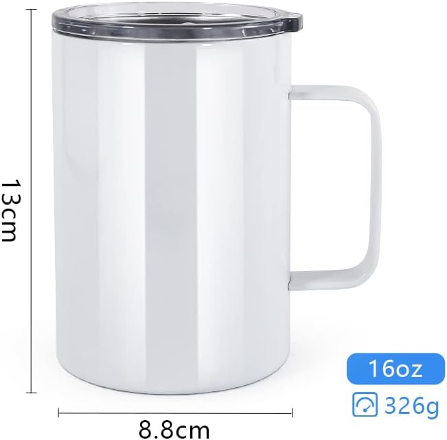 AGH 16oz Sublimation Mugs with Handle, 304 Stainless Steel Sublimation Coffee Mug with Splash-proof Lid, Vacuum Insulated Travel Beer Tea Mug Compatible with Cricut Mug Press, 4 Pack