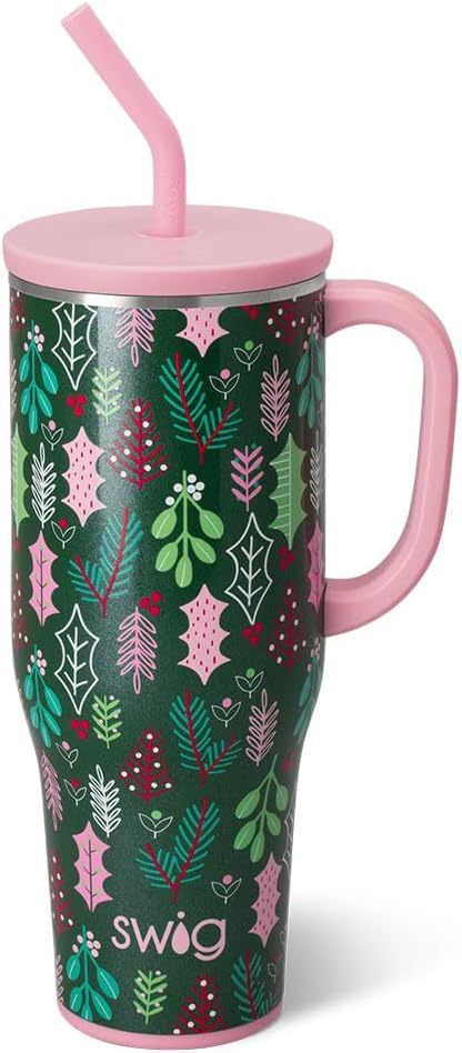 Swig Life 40oz Mega Mug, 40oz Tumbler with Handle and Straw, Extra Large Insulated Tumblers, Cup Holder Friendly Travel Mug (Merry Mistletoe)