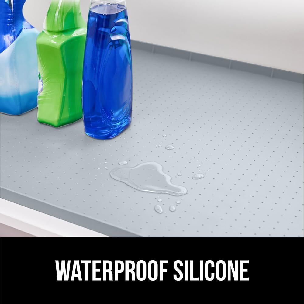 GORILLA GRIP Waterproof Silicone Under Sink Mat with Raised Lip for Kitchen and Bathroom, Cabinet Shelf Liner Stay in Place Mats Dishwasher Safe Drawer Liner, Organizer Tray, 19 x 34 in, Light Grey