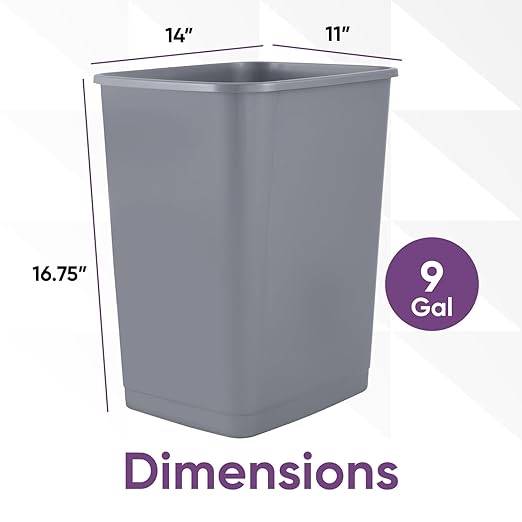 Superio Kitchen Trash Can 9 Gallon Slim Unlidded Waste Bin Only 37 Qt Durable Plastic, Fit Small Spaces, Office, Bathroom, Under Counter (Grey)