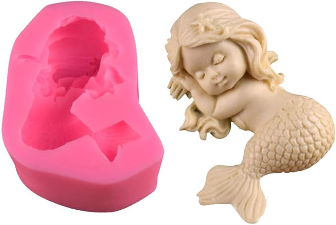 OBTANIM Silicone Mermaid Fondant Mold Cute 3D Sleeping Baby Girl Mould Cake Topper DIY Decoration Baking Tool for Sugarcraft, Chocolate, Candle, Soap Making and Crafting
