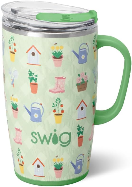 Swig Life 18oz Travel Mug, Insulated Tumbler with Handle and Lid, Travel Coffee Mug, Cup Holder Friendly, Stainless Steel 18 oz Tumbler, Reusable Insulated with Lid (Green Thumb)