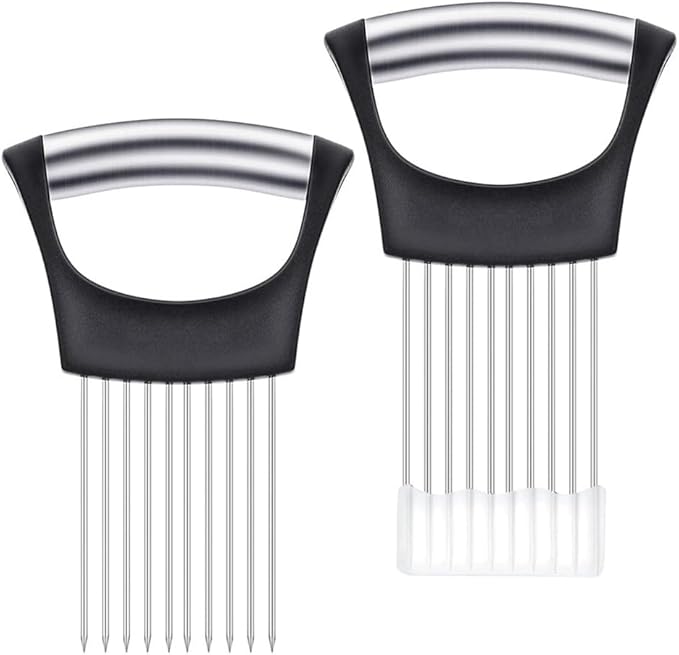 onion slicer，Kitchen Prong Slicer for Vegetables and Meat, Stainless Steel Tines with Safety Handle, Black (1)