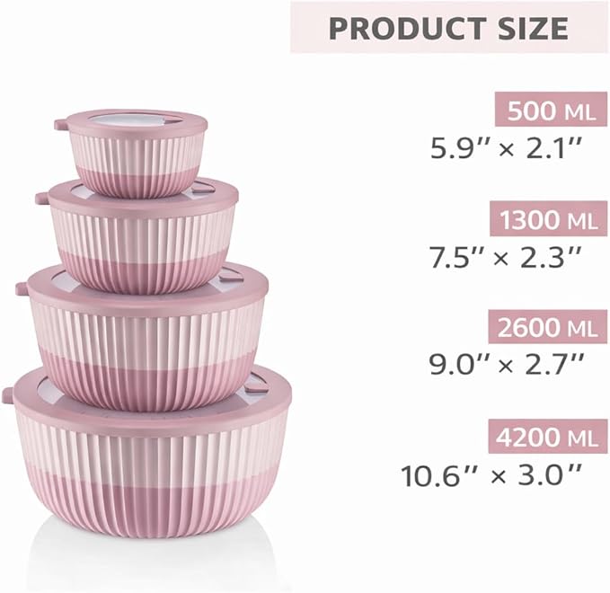 Mixing Bowls with Lids, 8-Piece Airtight Leak-Proof Nesting BPA-Free Bowl Set for Kitchen & Food Storage, Large 4200ml Capacity, Microwave & Dishwasher Safe