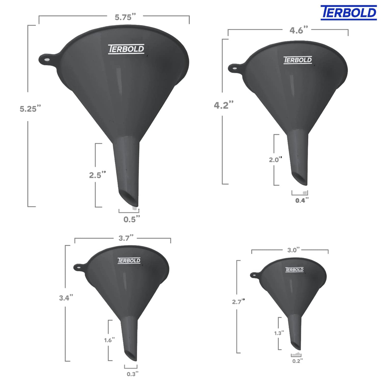 4pc Funnel Nesting Set in BPA Free Plastic for Kitchen Cooking, Car Oil, Home, or Lab Use (Gray)