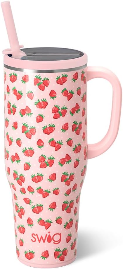 Swig Life 40oz Mega Mug, 40oz Tumbler with Handle and Straw, Extra Large Insulated Tumblers, Cup Holder Friendly Travel Mug (Strawberry Shortcake)