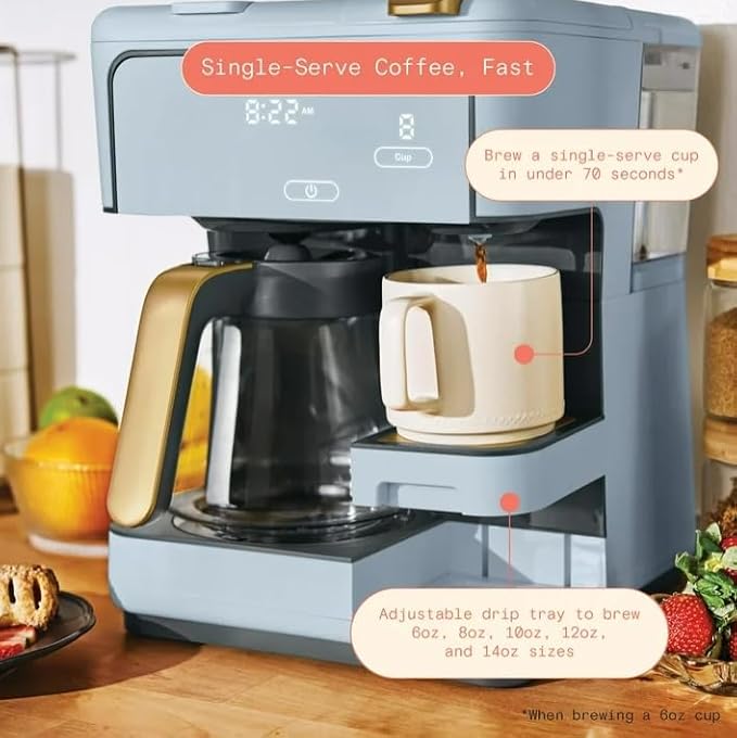 Beauti Multi Brew 12 Cup Programmable Drip & Single Serve Coffee Maker, Versatile Brewing (6oz, 8oz, 10oz, 12oz, 14oz), Pods or Ground, Over Ice option, Keep Warm mode (Cornflower Blue)