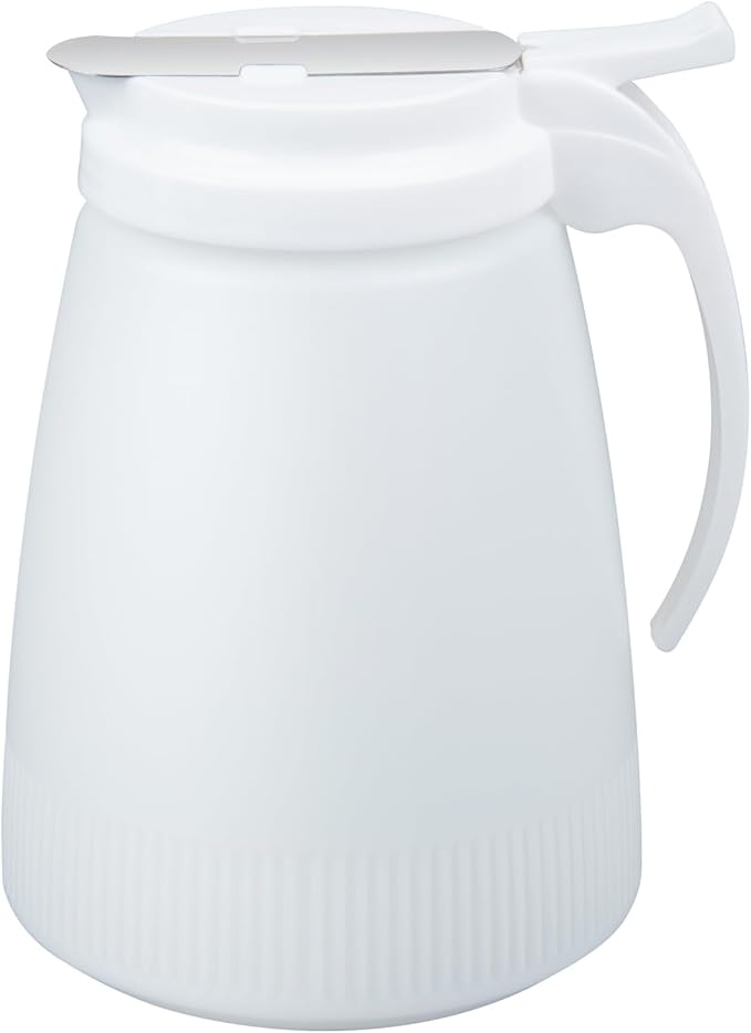 Restaurantware-Chef 101 48 Ounce All Purpose Syrup Dispenser, 1 Honey Dispenser - White Top, Stainless Steel Slide Cover, Plastic Pancake Syrup Bottle, Perfect For Diners, Restaurants, Home