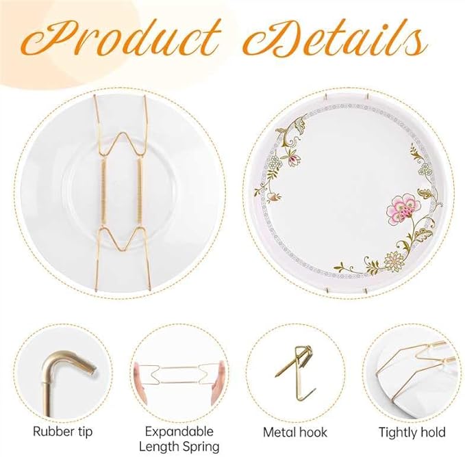 Bilillo 6 Pieces Invisible Heavy Duty Plate Holder, Stainless Steel Plate Hangers for The Wall, Plate Hangers for Display with Wall Hooks, Suitable for 6-8 inch Decorative Plattes and Arts (Gold)
