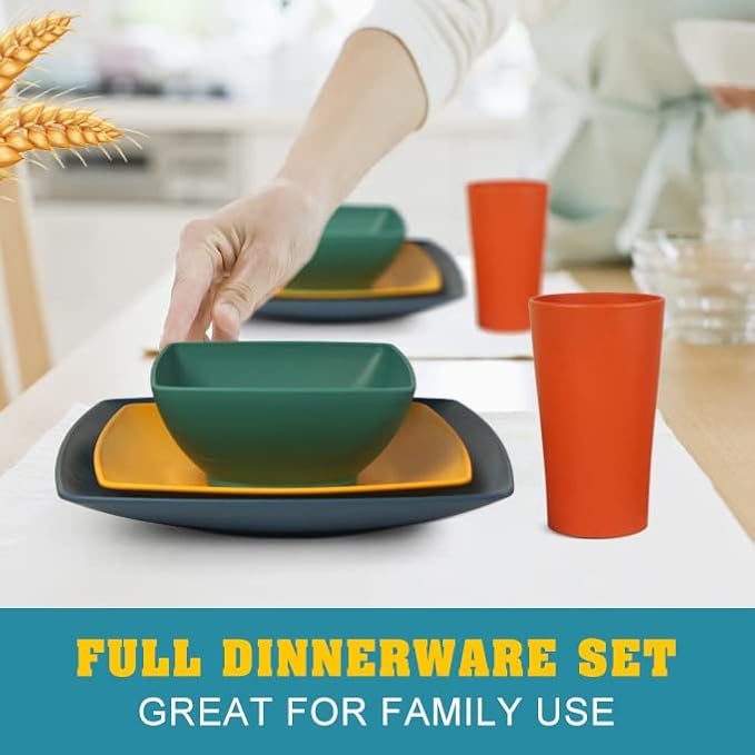 Teivio 48-piece Kitchen Plastic Wheat Straw Square Dinnerware Set for 12, Unbreakable Dinner Plates, Salad Plates, Snack Bowls, Tumblers 13.5 oz, Dishwasher Safe, Autumn Multicolor