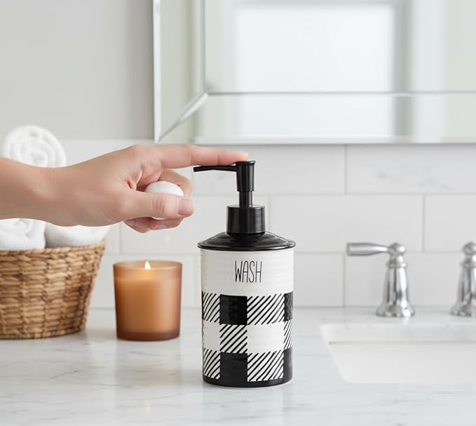 Youngs 21079 Buffalo Plaid Lotion Dispenser, 7-inch Height, Ceramic, Black and White