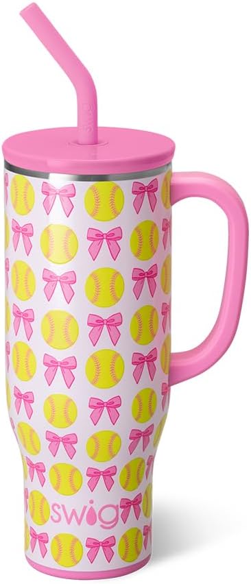 Swig Life 30oz Mega Mug, 30 oz Tumbler with Handle and Straw, Cup Holder Friendly, Dishwasher Safe, Stainless Steel Tumbler, Softball Gifts, Softball Water Bottle (Pitch Hit Run)