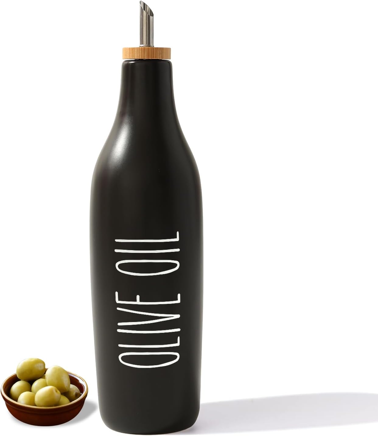 HOMCDALY Ceramic Olive Oil Dispenser for Kitchen, Stoneware 16oz Oil Cruet and Vinegar Bottles Dispenser, Kitchen Dispenser Bottle for EVOO Vinegar Syrups, Modern Farmhouse Design(B-O)