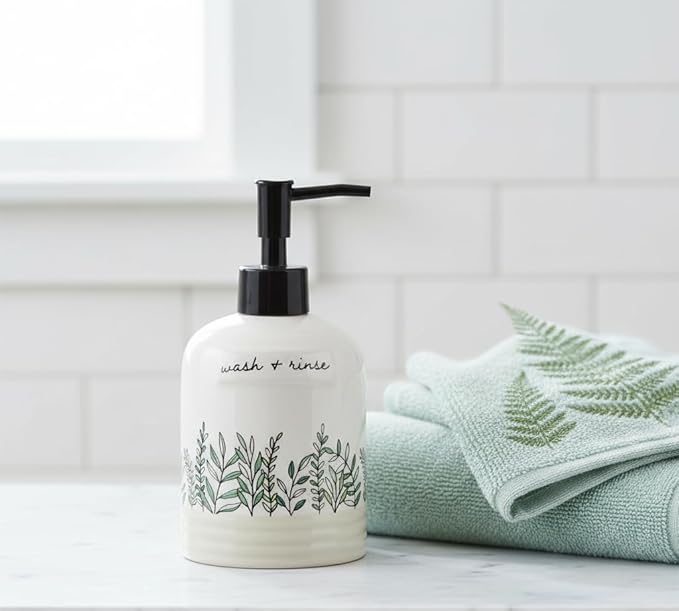 Young's Inc Quiet Cottage Ceramic Soap and Lotion Dispenser, Farmhouse Botanical Kitchen Sink Soap Pump, Rustic Cottagecore Bathroom Countertop Soap Dispenser Bottle, 6.7 Inch
