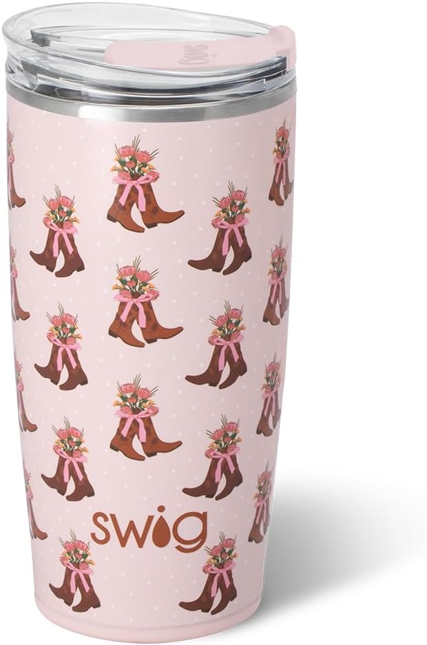 Swig Life 22oz Insulated Tumbler, Travel Coffee Tumbler with Lid, Cup Holder Friendly Travel Coffee Mug, Stainless Steel, 22 oz Tumblers, Reusable Insulated Mug with Lid (Cowgirl Coquette)
