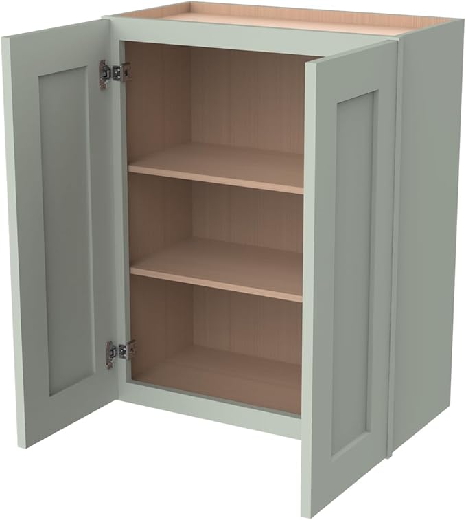 Wall-Mounted Cabinet – Solid Wood Shaker Style Medicine Cabinet with Adjustable Shelves & Soft-Close Doors for Bathroom, Kitchen, and Office Storage (Jade Green, 24" W x 12" D x 42" H)