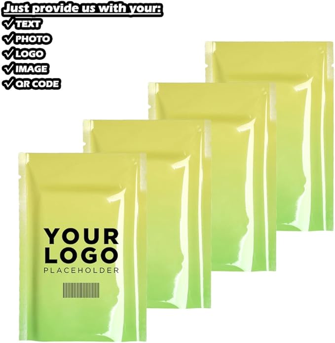 100 Pcs Custom Glossy Mini Mylar Bags, Custom Logo/Text/Barcode, Single Side One Color Print, Heat Seal Pouches with Tear Notches for Food, Small Business, Retail (Yellow Glossy, 8 * 12CM/3.2"*4.7")