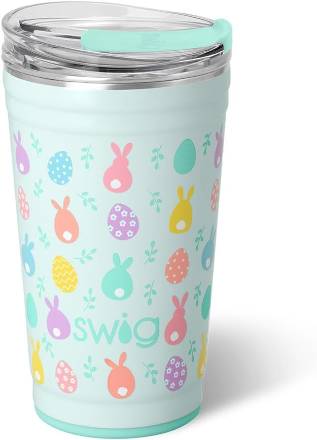 Swig Life 24oz Party Cup, Stackable Insulated Travel Coffee Tumbler with EZ Slider Lid, Cup Holder Friendly, Stainless Steel 24 oz Tumbler, Reusable Coffee Mug (Egg Hunt)