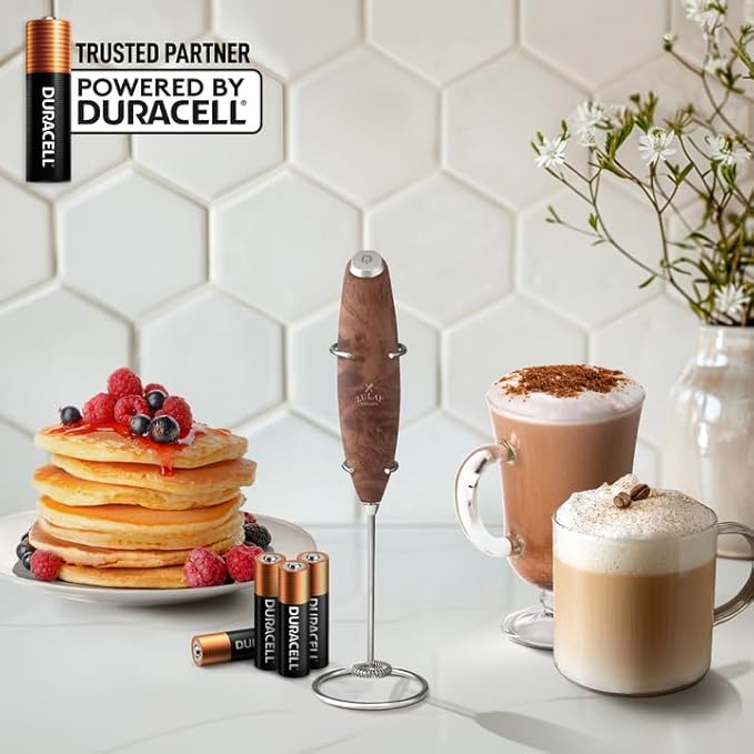 Zulay Kitchen Powerful Milk Frother Wand With 4 AA Duracell Batteries - Ultra Fast Handheld Drink Mixer - Electric Whisk Foam Maker for Coffee, Lattes, Cappuccino, Matcha & Creamer - Walnut