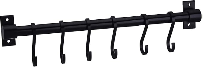 WONMILLE Gourmet Kitchen Utensil Rack with 6 Hooks, Wall Mounted Rail Wrought Iron Hanging Utensil Holder Rack with Removable S Hooks 16 Inch (Black-6 Hooks)