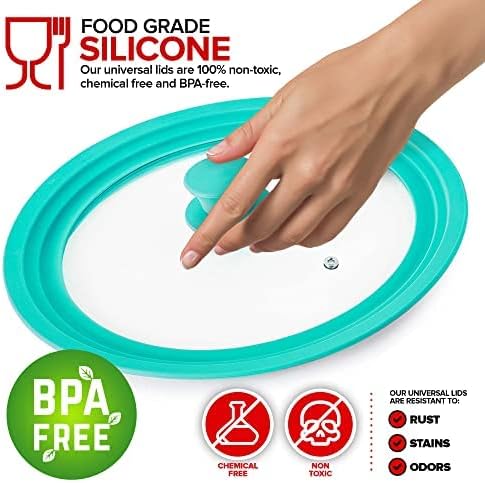 Modern Innovations Universal Lids (Set of 2) Fits 7 to 12-Inch Cookware, Silicone Replacement Pan Lid, Glass Top Covers for Skillets, Pots, Frying Pans, Cast Iron - Turquoise | Teal