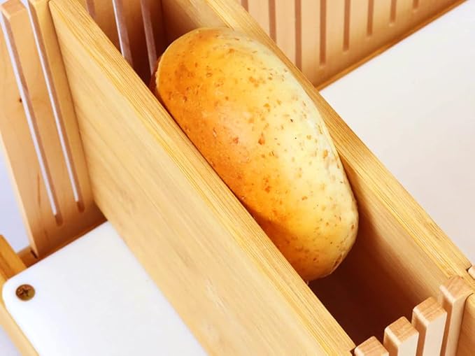 ABIOTO Bread Slicer for Homemade Bread - No Splinter with HDPE Base & Maple Finger - 4 Different Thicknesses for Uniform & Consistent Slices - Foldable Bread Cutter with Optimal Knife Grooves