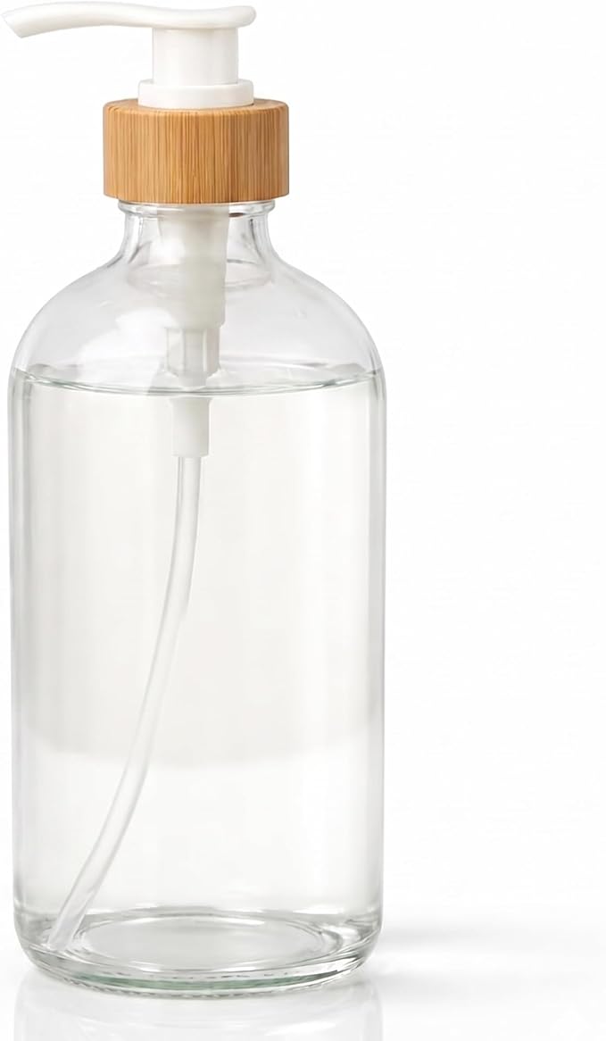 SAVVY & SORTED Glass Hand Soap Dispenser Bathroom, Dish Soap Dispenser for Kitchen Sink, Refillable Clear Glass Bottles with White Bamboo Pump for Liquid Hand Wash, 17 Fl Oz / 500 ml