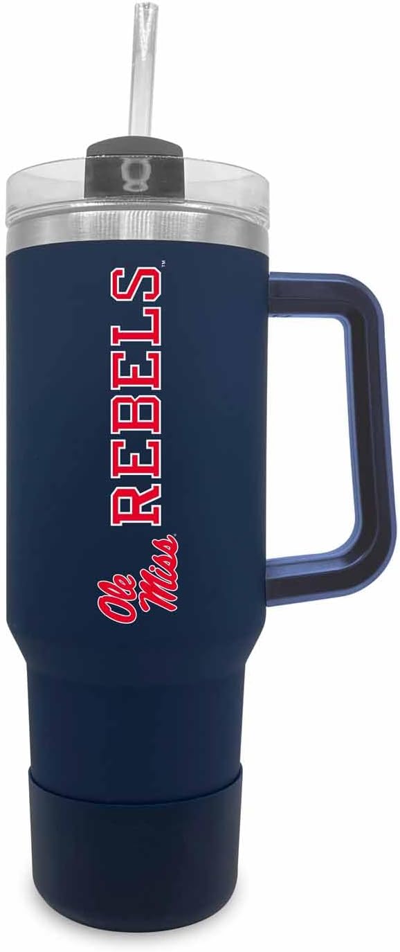 Campus Colors College & University 40 oz Travel Tumbler With Handle - Dual Option Lid With Straw - Vacuum Insulated Stainless Steel (Ole Miss Rebels - Navy)