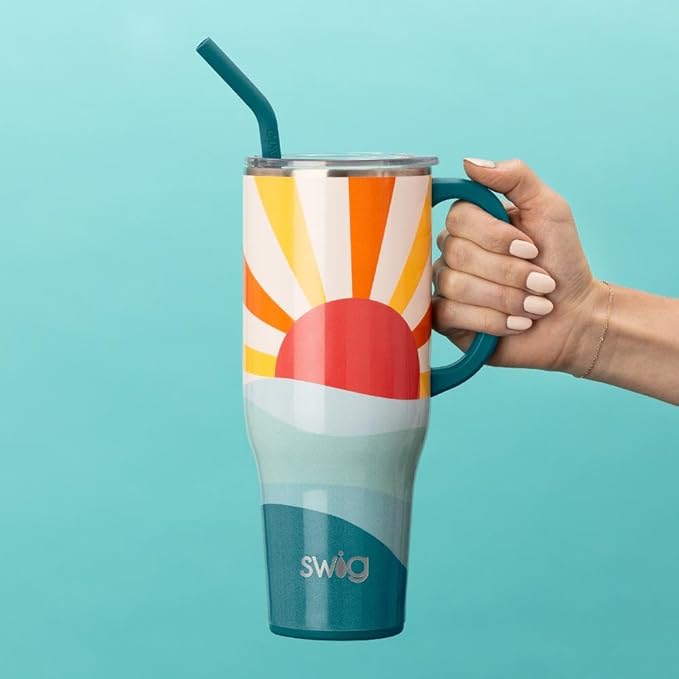 Swig Life 40oz Mega Mug, 40 oz Tumbler with Handle and Straw, Cup Holder Friendly, Dishwasher Safe, Extra Large Insulated Tumbler, Stainless Steel (Sun Dance)