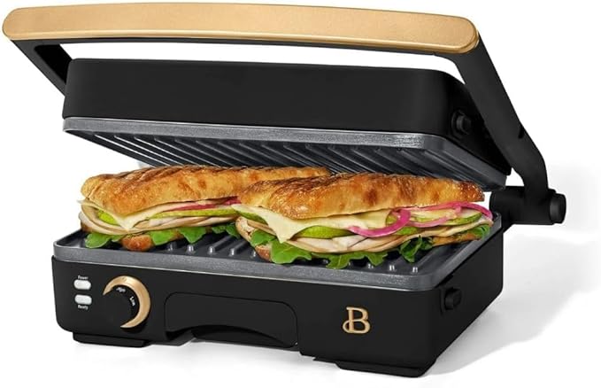 Panini Press Indoor Grill 1 2-in-1200W Non-Stick Removable Plates Sandwich Maker by Drew Barrymoree. (Black Seaseme)