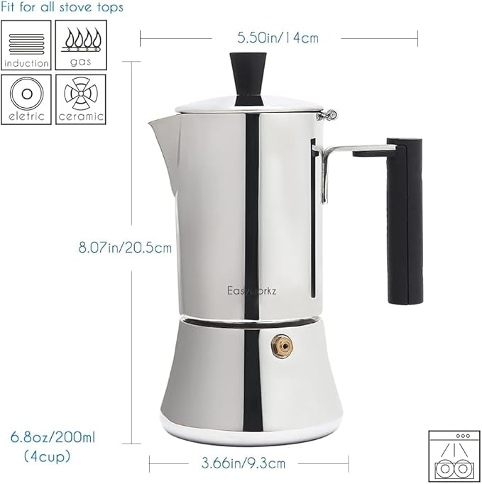 Easyworkz Pedro Stovetop Espresso Maker 4Cup 200ml, Bundled Espresso Steaming Pitcher Stainless Steel 15 oz Coffee Frothing Picther Milk Jug Cappuccino Latte Art Cup