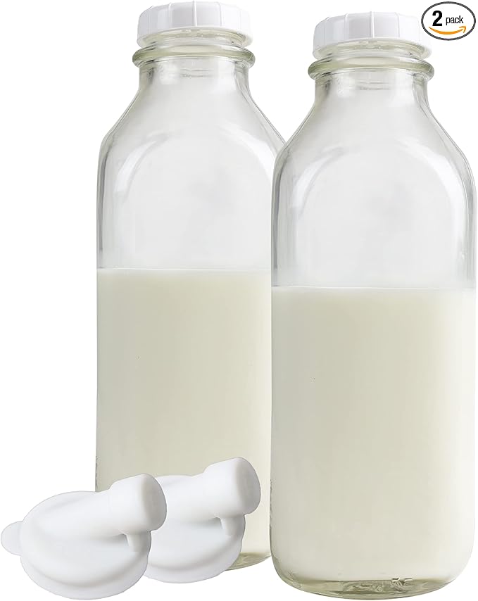 The Dairy Shoppe 1 Ltr. (33.8 oz.) Glass Milk Bottle Vintage Style with Cap & NEW Silicone Pour Spouts! (2 Pack)