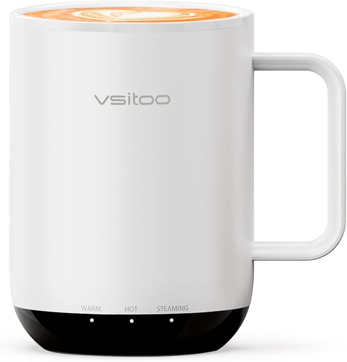 Vsitoo S3 Plus 14oz Heated Coffee Mug - Temperature Control Smart Mug with Mug Warmer, Auto-Sensing AI Heats Drinks to 120-150°F Hands-Free.Ideal for Home/Office/Gifts，White