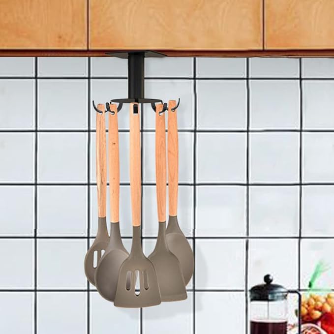 Aosome Under Cabinet Utensil Holder Hanger 360°Rotating Stainless Steel Kitchen Utensil Hanger 8 Hooks