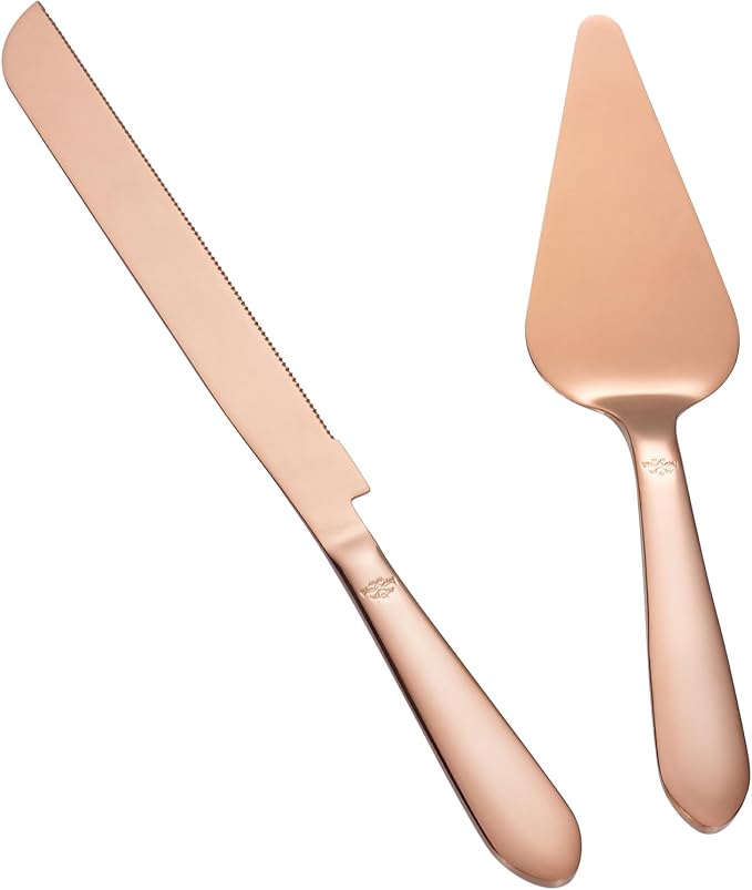 Wedding Cake Knife and Server Set, Integral Stainless Steel Longer Cake Cutter and Wider Pie Spatula, Elegant Cake Cutting Serving Set for Party Birthday Bridal Shower Set of 2, Rose Gold